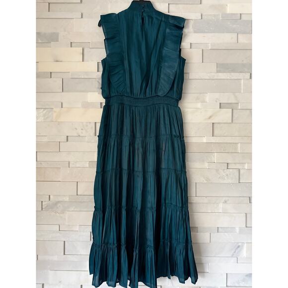 GREY COLLECTIVE NWT Hi-Neck Ruffle Sleeve Smocked Tiered Maxi Dress L TEAL - Picture 2 of 11